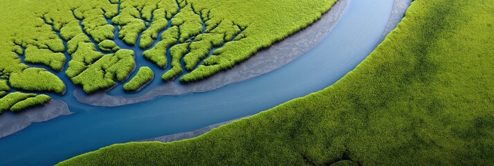 Obraz premium This stunning aerial view depicts a meandering river flowing through vibrant green marshes, showcasing nature’s beauty and ecological diversity in a captivating landscape.