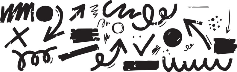 Hand-Drawn Brush Line Shape Background – Abstract Texture Paint Set with Sketch Doodle Scribbles, Crayon Effect Arrows, Circles, Zigzags, Vector Illustration