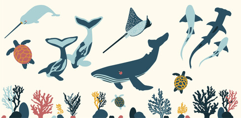 Vector Sea Animals Clipart – Whale, Shark, Turtle, Narwhal, Manta Ray, Orca, Hammerhead, Coral Reef, Ocean Creatures, Underwater Marine Life Illustration Set © Iryna Klymchuk