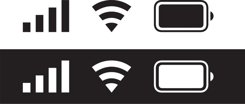 iPhone iOS Notification Bar Icons &ndash; Black and White Vector Set of Mobile UI Elements Including WiFi Signal, Battery, Time, and Status Symbols, User Interface Illustration