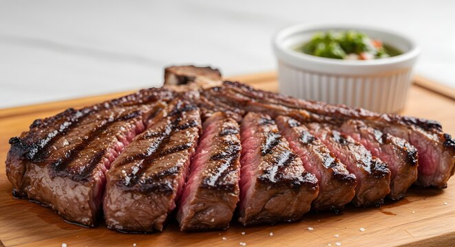 A mouthwatering, sliced grilled T-bone steak, presented on a wooden cutting board with chimichurri.