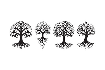 Decorative Tree of Life Silhouette Set Spiritual Tribal Vector Illustrations