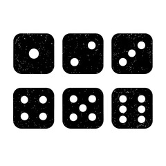 Monochrome set of six vector icons illustrating dice showing the numbers one through six. Features a textured, distressed, or grunge style. Represents chance, games, gambling, and a classic graphic el