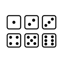 Minimalist black and white set of six vector icons illustrating dice showing the numbers one through six. Represents chance, games, gambling, and a clean, simple graphic element.