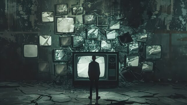 Man standing before a large television surrounded by many smaller televisions on a cracked floor - Powered by Adobe