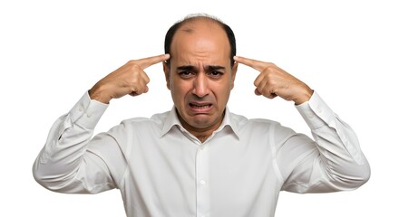 Fototapeta premium A bald man points to his head looking worried, indicating a stressed mental state on a white background. Baldness