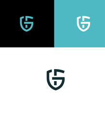 GF or FG Monogram Logo Design Shield, Teal, Black, White Variations