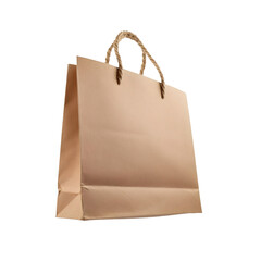 Floating brown kraft paper shopping bag with twisted handles isolated on transparent background, ready for mockup or design