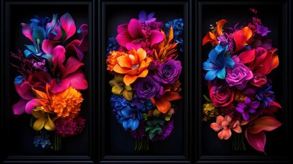 Vibrant floral bouquets displayed in black frames;  colorful arrangements
