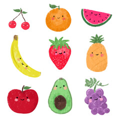 set kawaii cute healthy fruits doodle kids crayon watercolour illustration diet vegan vegetarian happy face smile nursery wall art design clipart element png transparent collections