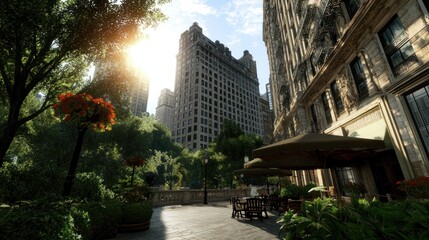 Fototapeta premium Urban park scene, sunny day, New York City skyscrapers, outdoor cafe