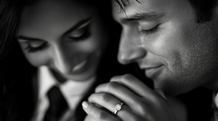 Fototapeta premium close up of newly engaged couple looking at the ring