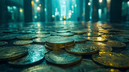 A ground level view of a city street at night, reflecting in a large expanse of gold coins.