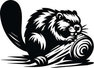 Beaver Gnawing on Log Silhouette Vector Symbol