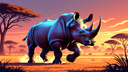 Fototapeta premium Charging rhinoceros illuminated in a vibrant savannah