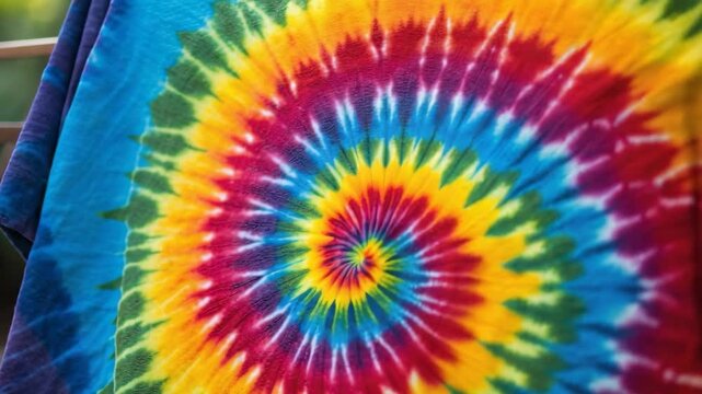 A vibrant tie-dye shirt is displayed, showcasing a swirling pattern of red, yellow, green, blue, and purple colors.