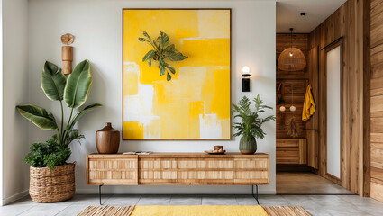 Chic entryway featuring vibrant yellow artwork and wood textures