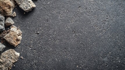Fototapeta premium Grey and brown stones on a dark gray textured background. Copy space.