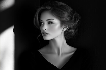 A woman in classic dress black and white style