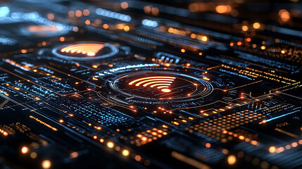 Abstract futuristic tech background. Glowing orange WiFi symbol on a dark circuit board.  Ideal for technology, internet, network, communication, and digital concepts.