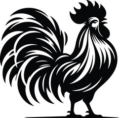 Proud rooster silhouette standing tall with fanned tail feathers