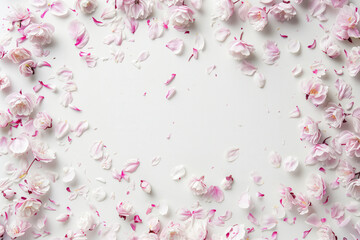 Cherry blossom petals and flowers scattered on white background