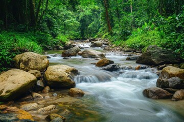 Fototapeta premium A flowing river cascades over rocks within a green forest