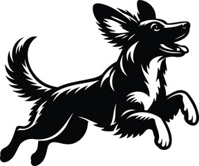 Dog leaping playfully silhouette with floppy ears and curled tail