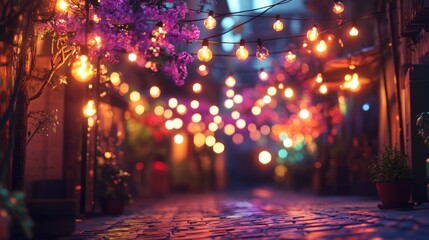 Illuminated alleyway with soft bokeh lights and vibrant floral accents at twilight
