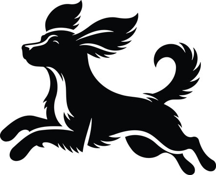 Playful dog leaping silhouette with flopping ears and curled tail