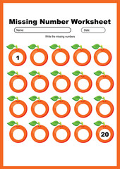 Fun missing number worksheet with orange fruits for kids, count and write numbers from 1 to 20, perfect for preschool math practice, number recognition and printable classroom activity