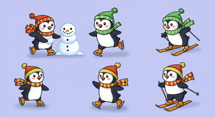 Naklejka premium Penguin Winter Activities Cartoon with Ice Skating and Snowman