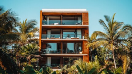 Fototapeta premium Modern tropical hotel building with wooden facade and glass balconies surrounded by lush palm trees under a clear blue sky