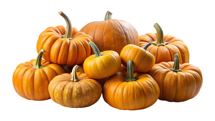 A beautiful pile of bright orange pumpkins with green stems on a transparent background PNG