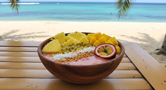 Tropical Smoothie Bowl with Exotic Fruits on a Beach Paradise Table