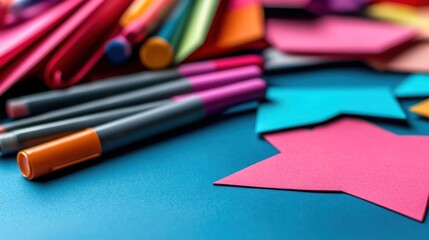 Colorful art supplies on a blue surface with decorative paper stars