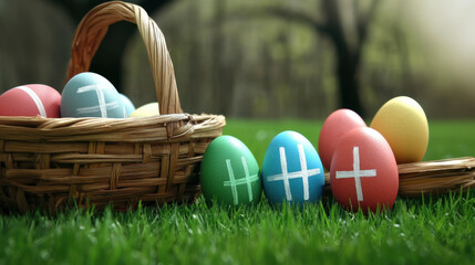 A set of painted, bright, joyful eggs for the Easter holiday on a spring flower meadow in a basket with symbol text