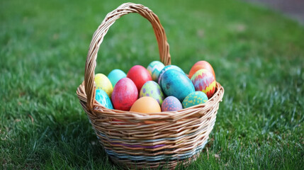 A set of painted, bright, joyful eggs for the Easter holiday on a spring flower meadow in a basket