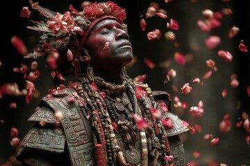 Fototapeta premium Xipe Totec adorned with flayed skin and ornaments standing amid falling petals