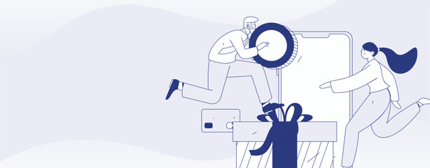 Holiday shopping people doing e-commerce online shopping flat vector concept operation hand drawn illustration
