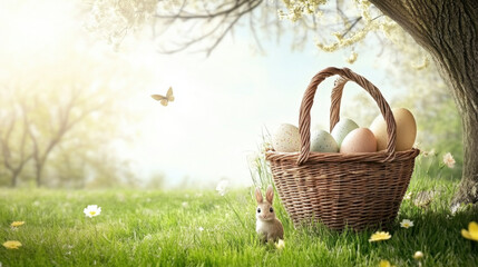 painted eggs in  basket for the Easter holiday with bunny next to it in spring