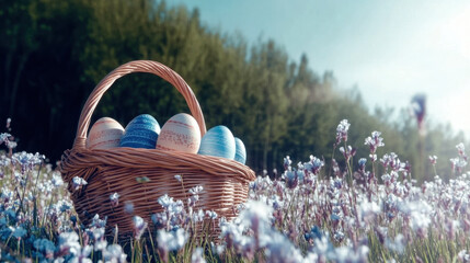 painted eggs in a wicker basket for the Easter holiday, on a spring flower meadow among blue primrose flowers
