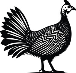 Alert Guinea Fowl Silhouette with Geometric Feather Texture