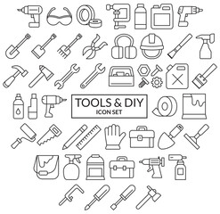DIY tools & equipment line icon set - 50 minimal vector icons