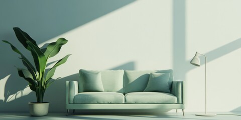Minimalist Living Room with Green Sofa and Plant