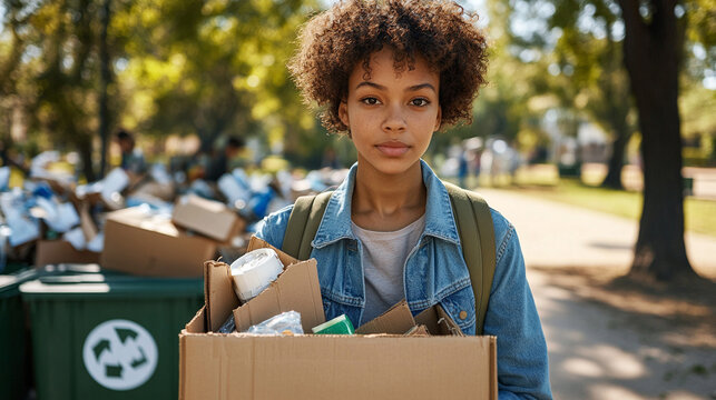 Volunteer recycling program young woman collecting waste cardboard plastic in park cleanup environment
