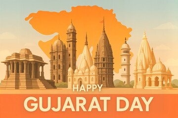 Obraz premium Happy gujarat day poster design with iconic monuments.
