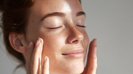 Woman with freckles applying skincare product for healthy skin and beauty routine for glowing complexion