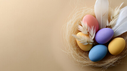 Easter Nest with Eggs and Flowers in Soft Pastels