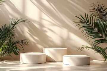 Minimalist Product Display Podium With Palm Leaves And Natural Light Shadows